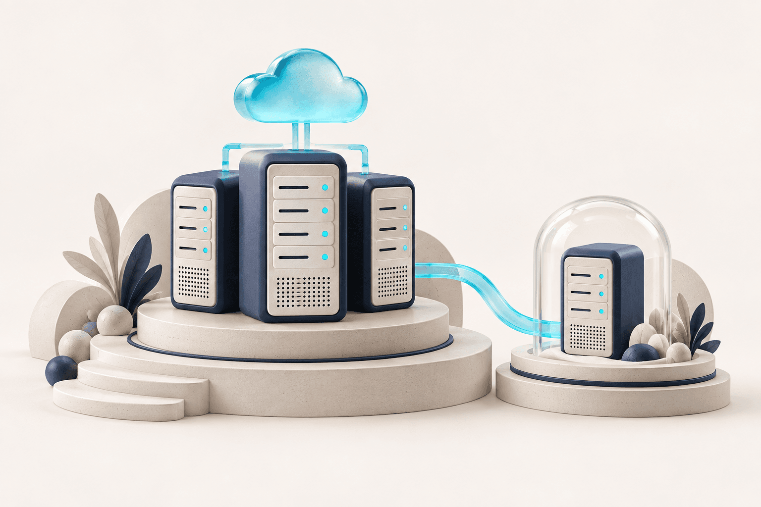 Miniature server cabinets and a backup capsule connected beneath a glass cloud.
