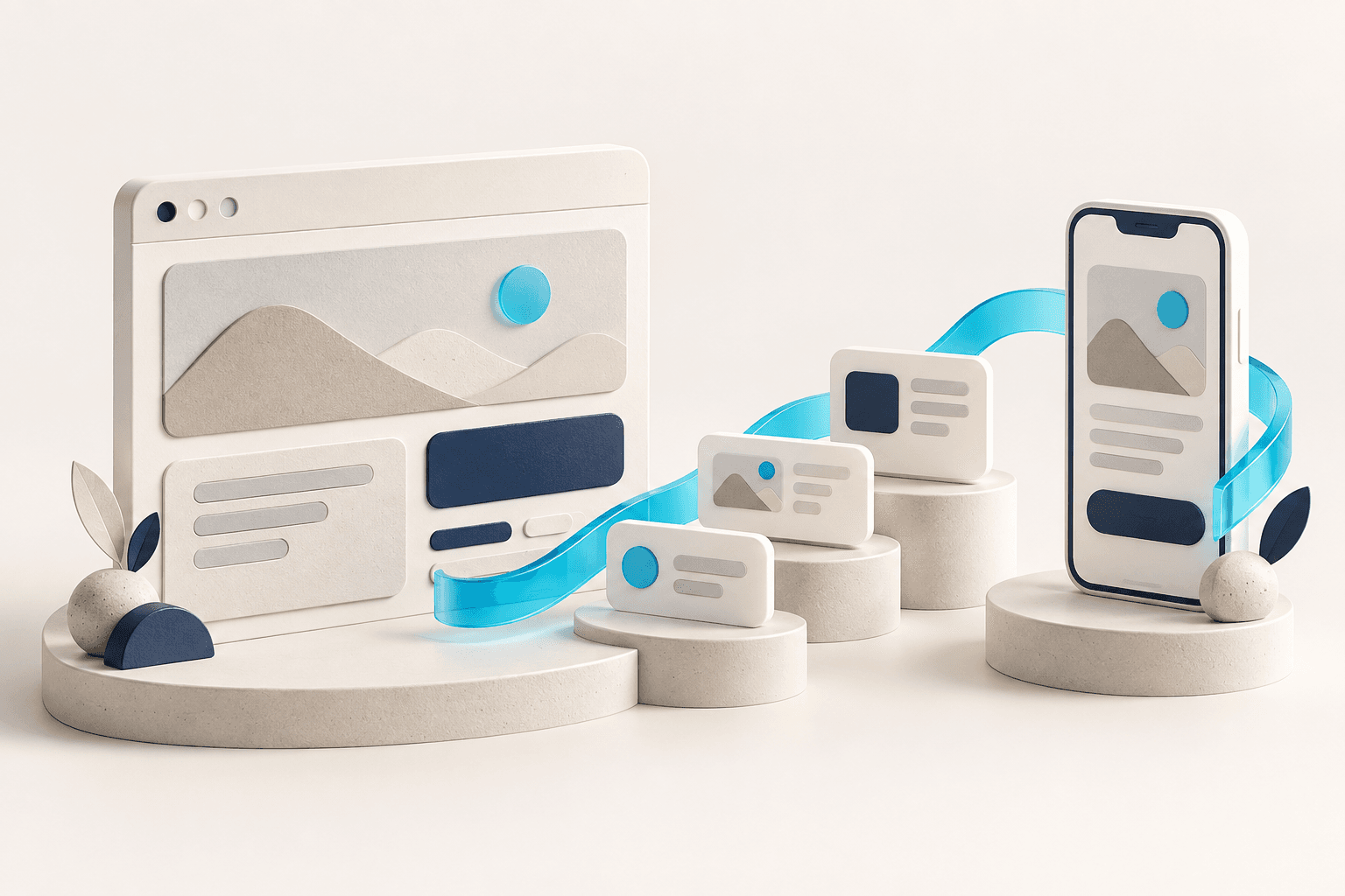 A sculptural browser, mobile phone, and content cards forming one connected journey.