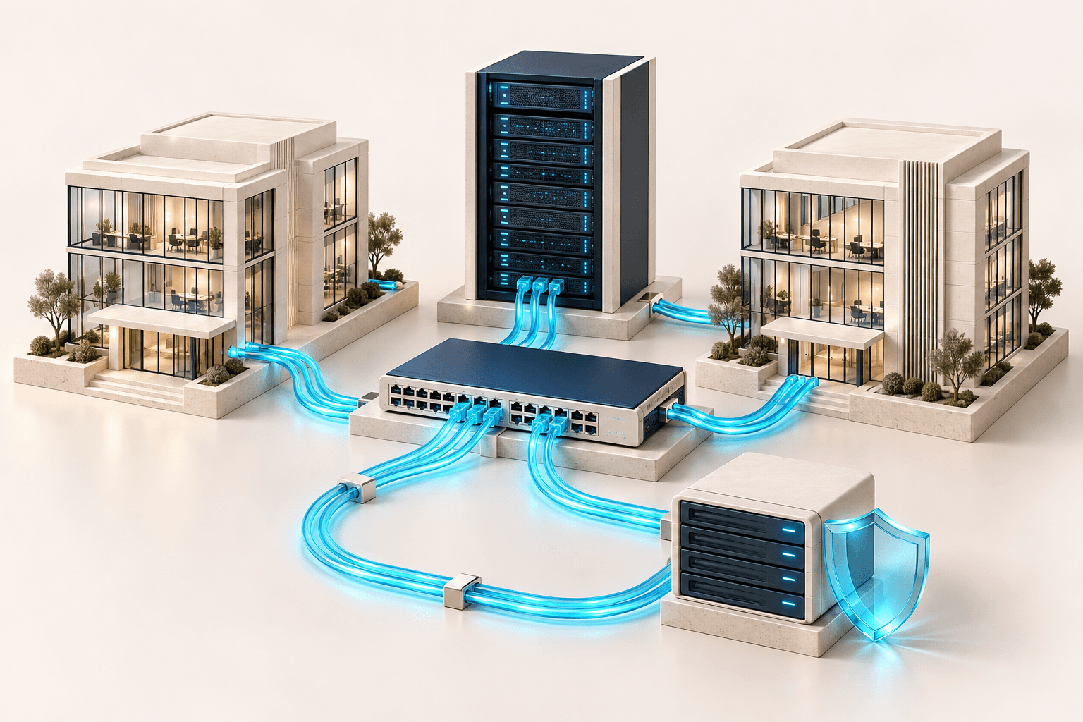 Office buildings, a network switch, server rack, and protected backup storage connected by cyan cables.