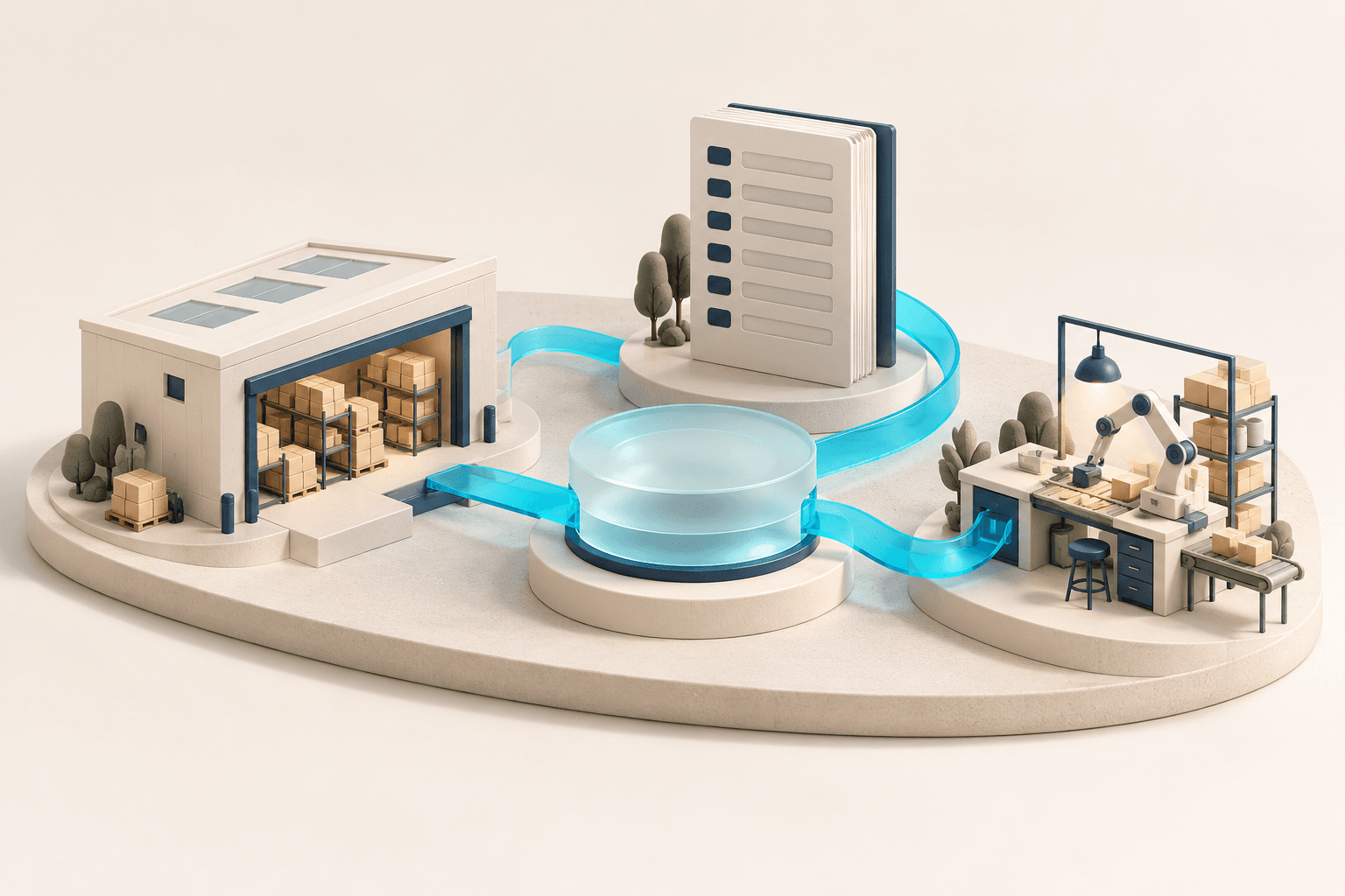 A miniature warehouse, ledger, and production station connected through a cyan hub.