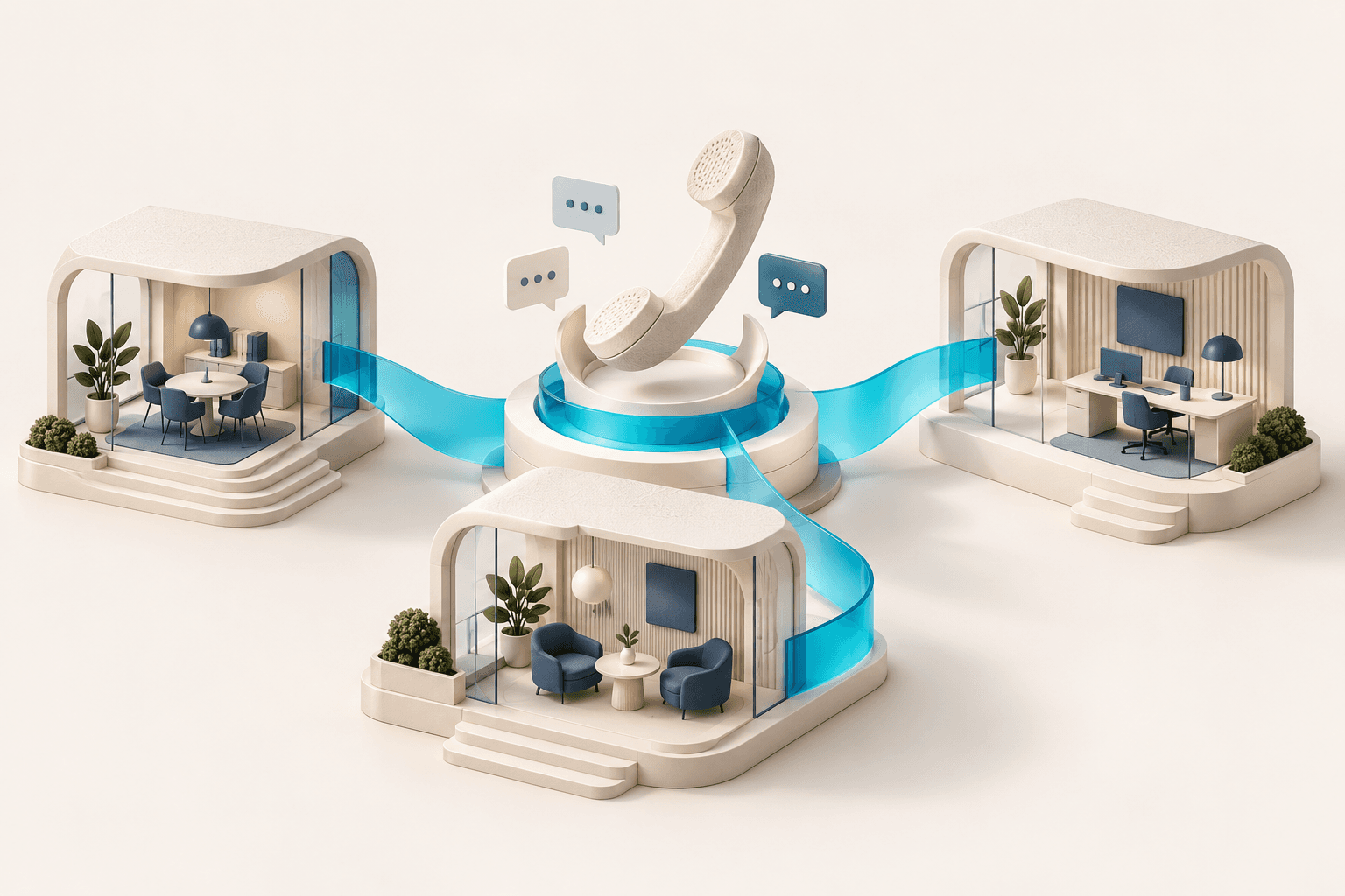 A miniature business phone and offices connected by a cyan ribbon.