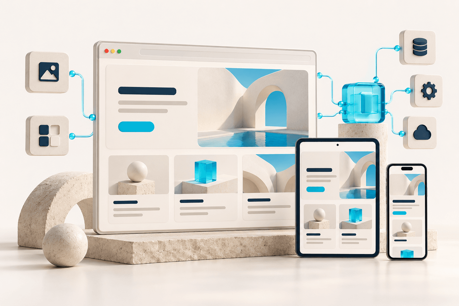 A responsive website displayed on desktop, tablet, and phone, connected to an integration hub.